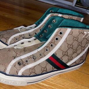 Gucci 1977 Beige GG Canvas High-Top Sneakers with Green and Red Stripe